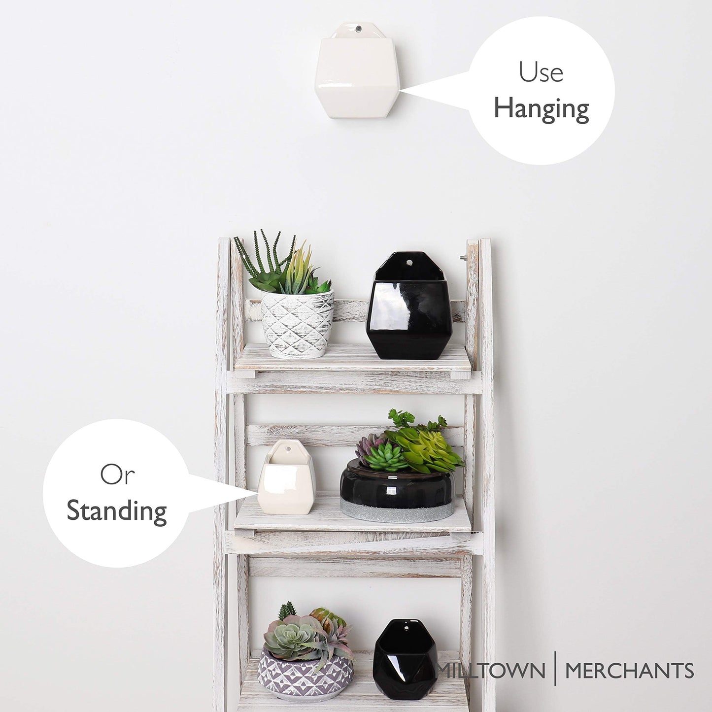 Milltown Merchants Succulent Wall Planters - Wall Vases - White Ceramic Wall Mounted Planters - Succulent Plant Pots - Hanging Vases for Living Wall (2 Pack/Contemporary/White)