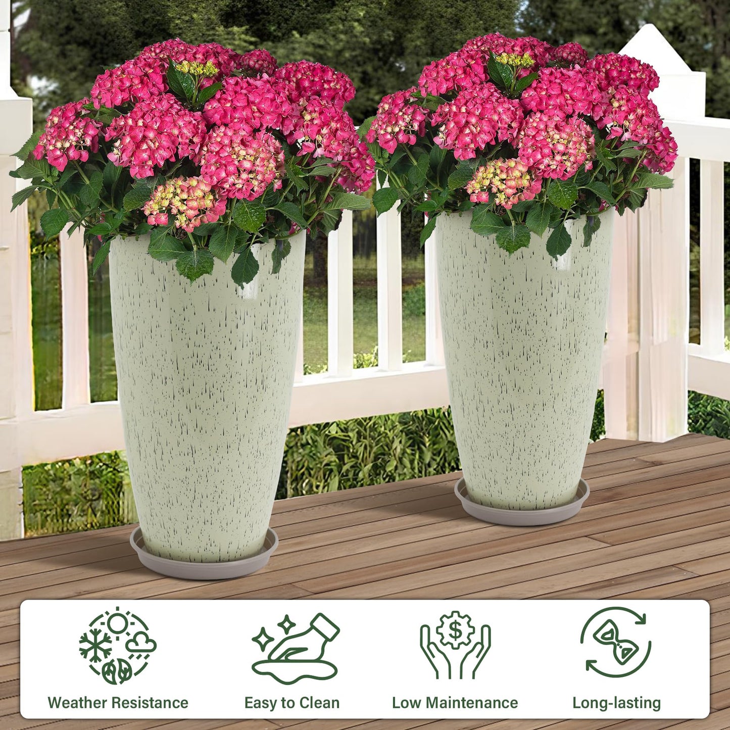 Neoaider Set of 2 Lightweight Ceramic-Look Tall Planter, 21 inch Large Plastic Planter with Drain Hole & Saucers, Large Outdoor Planters for Porch, Garden, Patio, Balcony(Drip Glaze)