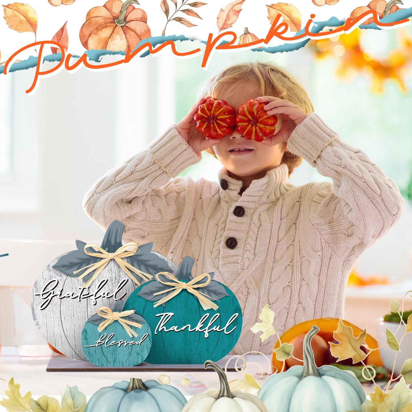 Soaoo Fall Pumpkin Table Decorations Fall Wooden Thankful Blessed Centerpiece Autumn Grateful Tabletop Decor Farmhouse Thanksgiving Harvest Pumpkin Block Signs for Party Rustic Table Shelf Decor Home