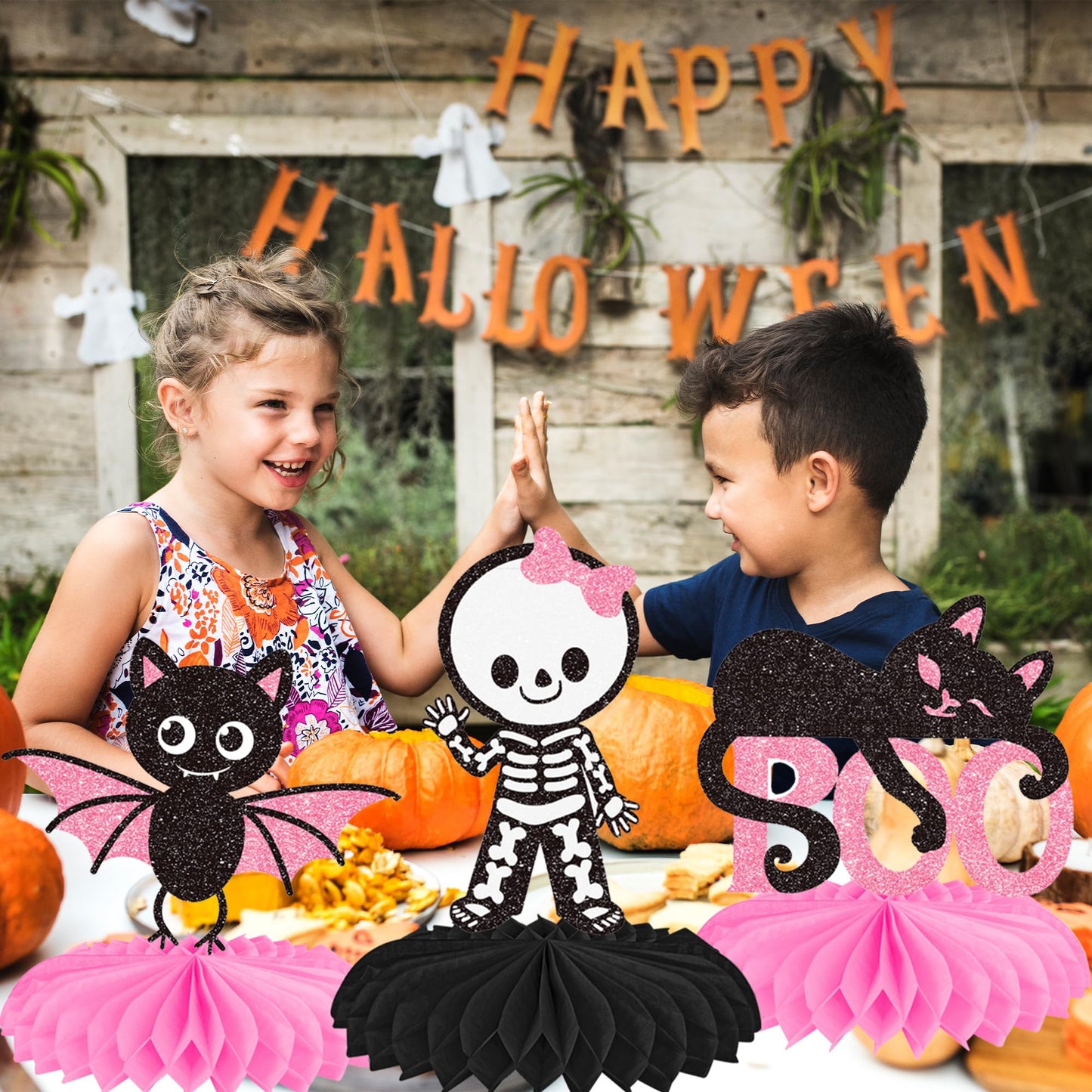 Halloween Happy Boo Day Honeycomb Centerpieces 12PCS Pink Black Little Boo Baby Shower Decorations Halloween Birthday Party Table Centerpieces Ghost Pumpkin Decor for Gender Reveal Suuplies