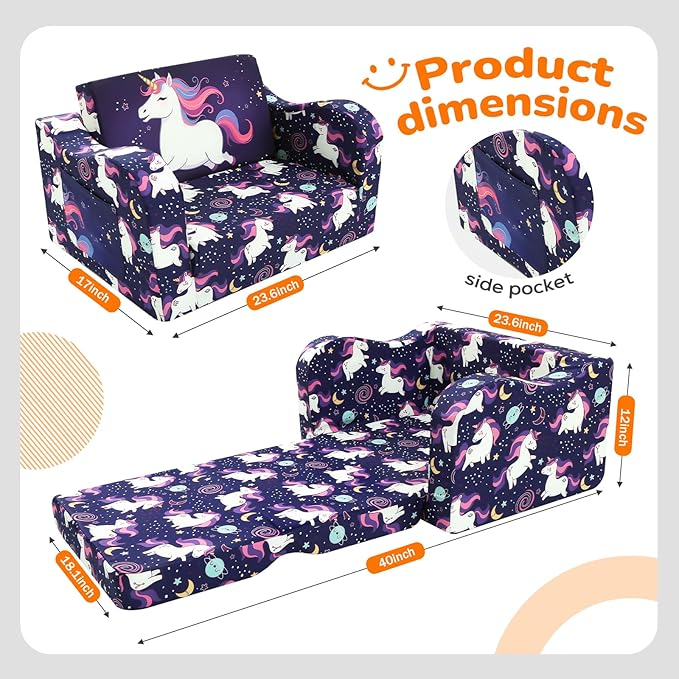 MeMoreCool Kids Folding Couch – Purple Unicorn Toddler Chair, Fold-Out 2-in-1