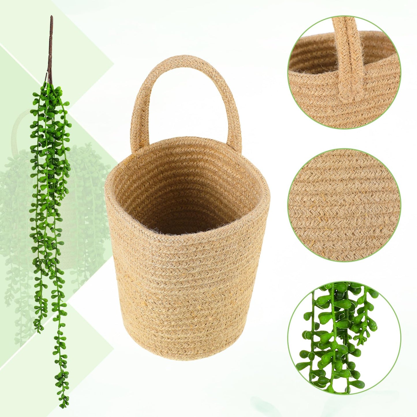 Umigy 2 Pack Wall Hanging Rope Baskets with 4 Pcs Faux Strings of Pearls Plant Jute Hanging Basket with Artificial Succulents for Porch Living Room Bedroom Entryway Patio Outdoor Decoration