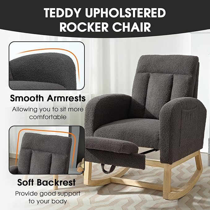 NIOIIKIT Modern Nursery Rocking Chair, Teddy Upholstered Rocking Chair