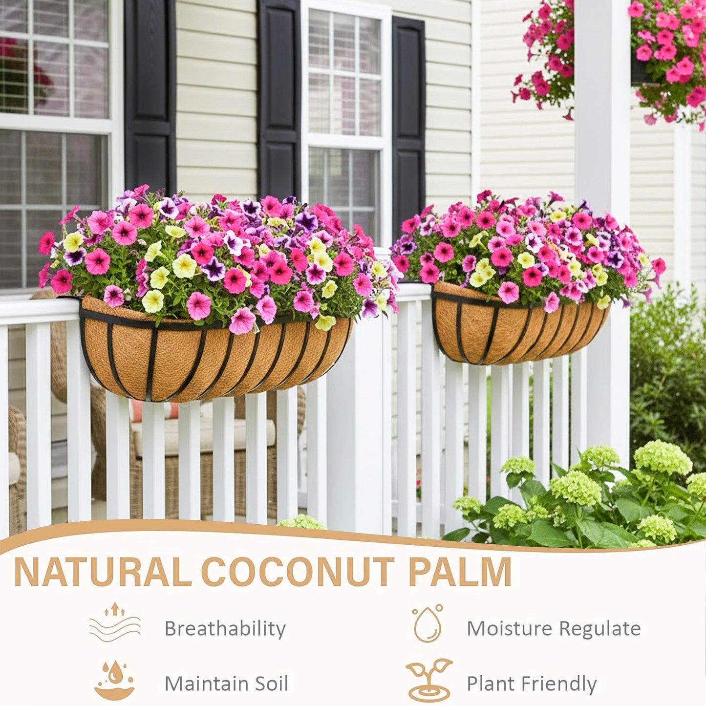 XXFBJNMD Window Box Railing Planter with Coco Liner 2 Pack 16 Inch Metal Hanging Flower Planter Deck Railing Planters Boxes for Balcony Outdoor Plants Fence Porch Patio