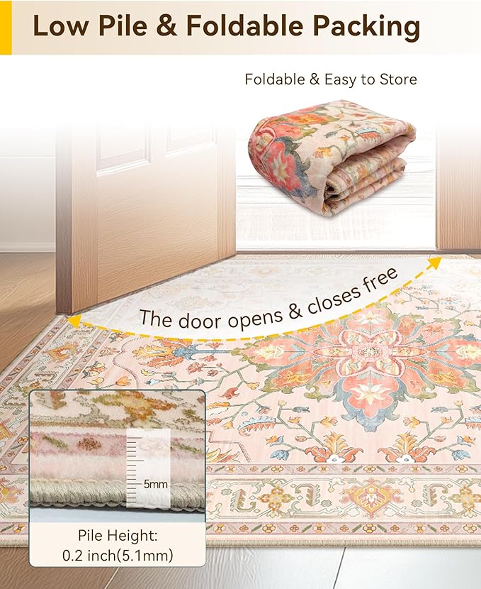 RELEANY Area Rugs 4'x6' Washable Non-Slip, Floral Vintage Distress Print