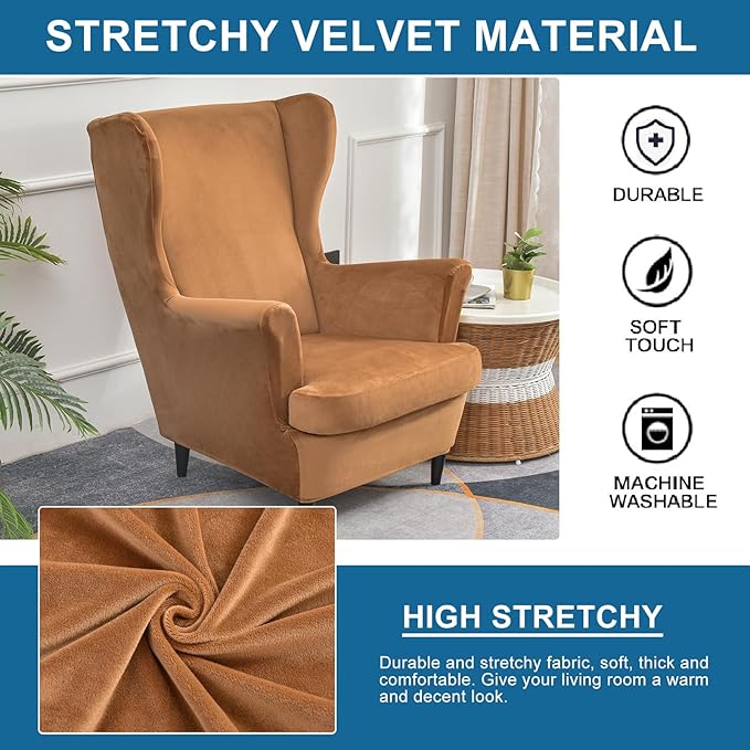 KRFOONN Wingback Chair Cover Slipcovers 2 Piece Stretch Velvet Plush Wing Chair