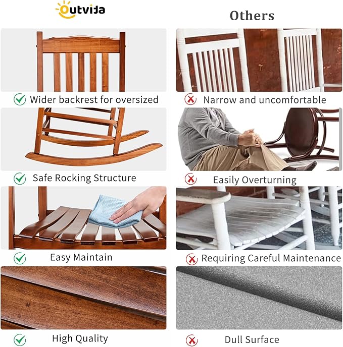 Outvita Outdoor Rocking Chair, Solid Wood High Back Rocker, All Weather Lounge