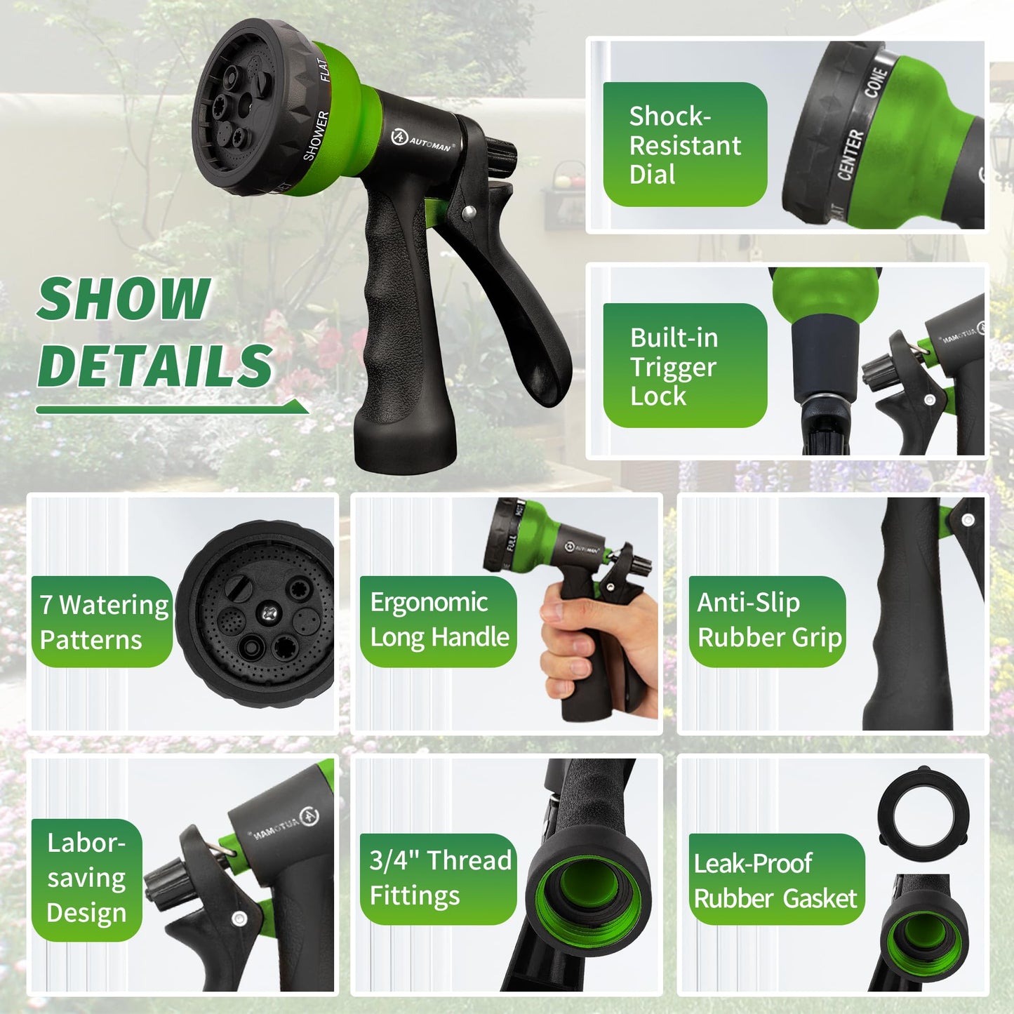 AUTOMAN-Garden-Hose-Nozzle, 2 Pack ABS Water Spray Nozzle with Heavy Duty 7 Adjustable Watering Patterns,Slip Resistant for Watering Plants,Lawn& Garden,Washing Cars,Cleaning,Showering Pets - Green