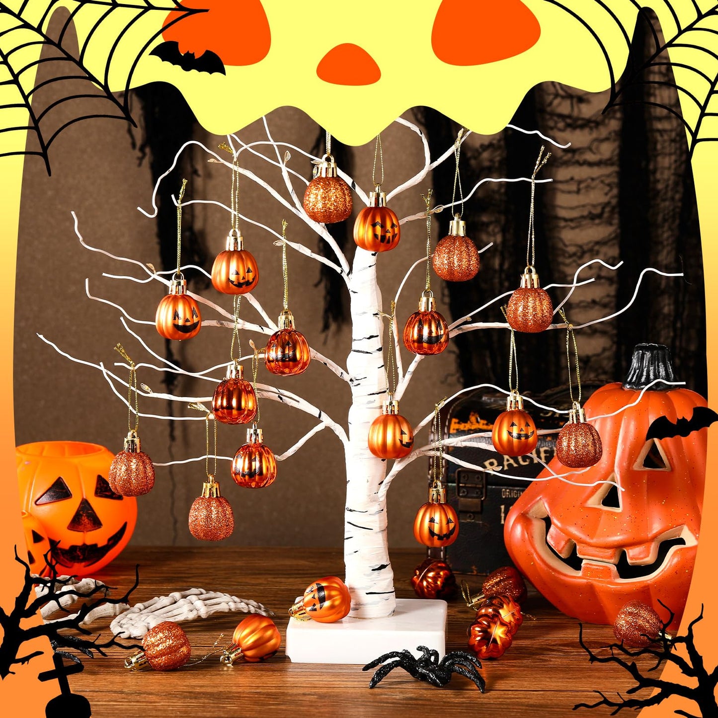 Realspring 36 Pcs Halloween Hanging Pumpkin Ornaments Spooky Mini Halloween Ball Ornaments with Expression Hanging Mini Pumpkin Wall Decor Scary Decorations for Tree Party Supplies