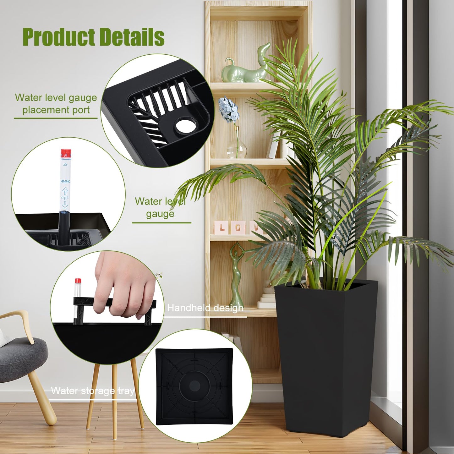 Set of 2 Large Tall Planter for Indoor or Outdoor 22" Flower Pots Tapered Tall Planters with Tray for Porch, Patio, Backyard, Large Planters for Plants with Visual Water Level, Dual Buckle, Tray Black