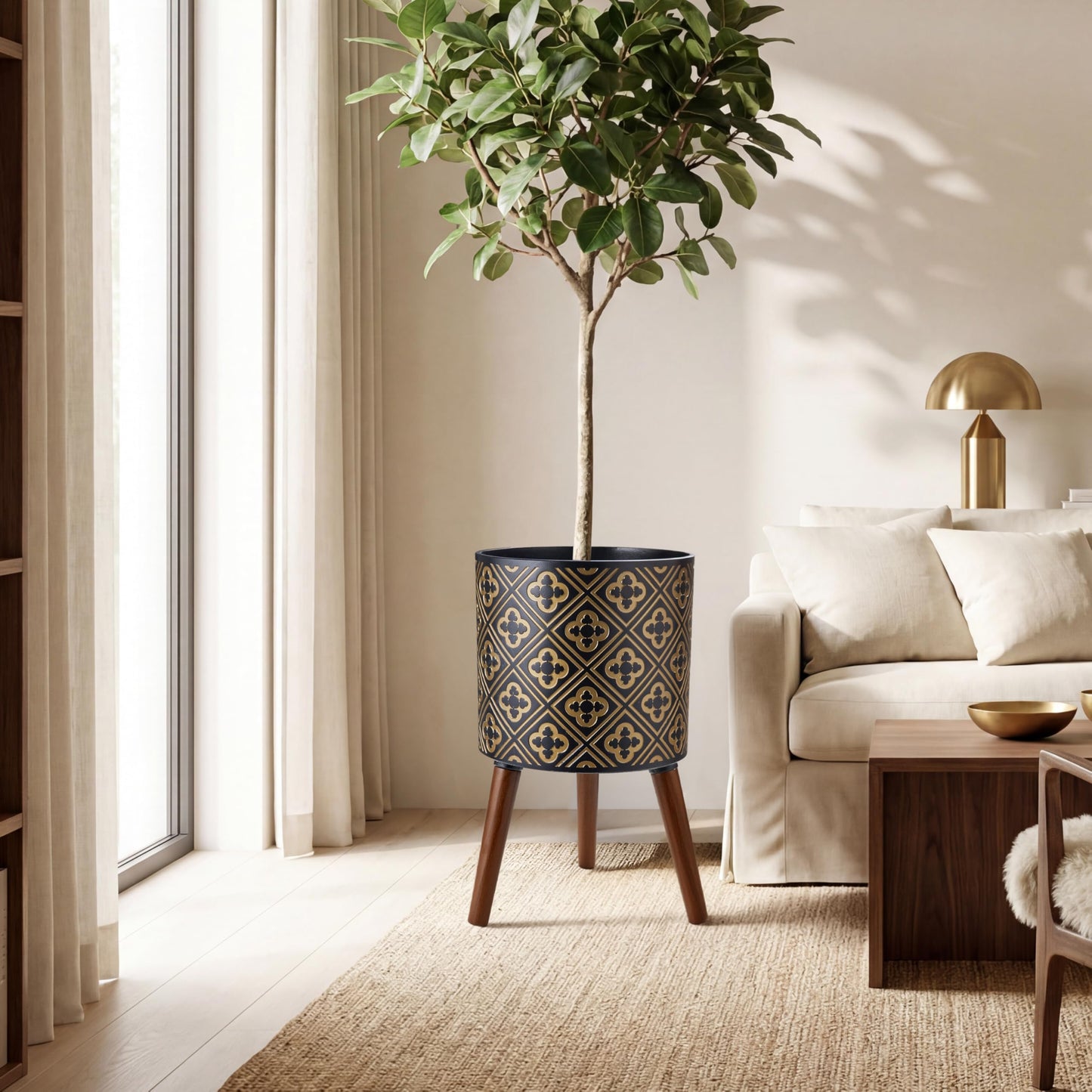 nacltlo12 Inch Plant with Stand Planter for Indoor Plants Large Modern Mid-Century Plant Pots Indoor Outdoor with Drainage for Home Garden Patio,Black and Gold