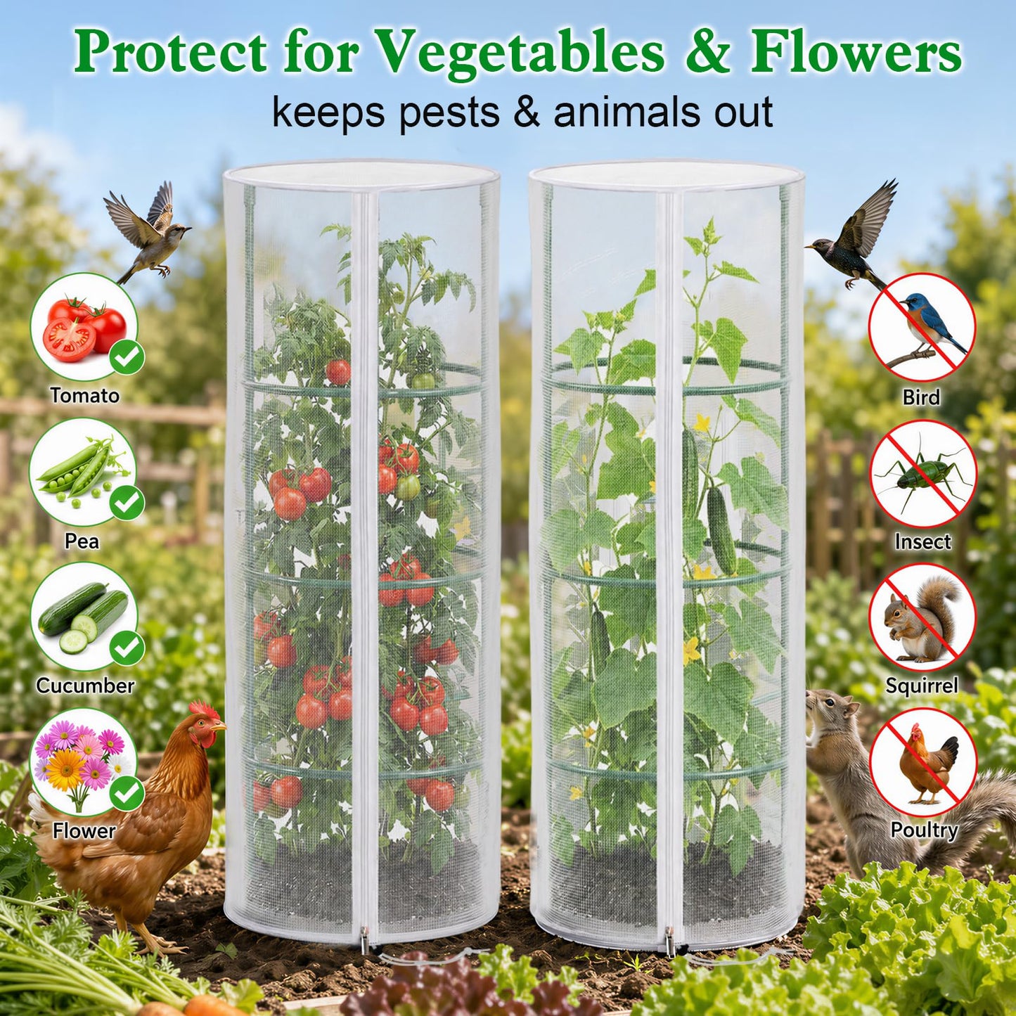 4 Pcs Garden Mesh Plant Cover for Round Tomato Cage, 57" x 15.7" Insect Bird Netting Protection Net Covers with Zipper & Drawstring, Garden Tomato Trellis Netting for Climbing Plants