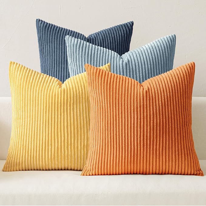 MIULEE Pack of 4 Blue-Orange Corduroy Decorative Throw Pillow Covers 18x18 Inch