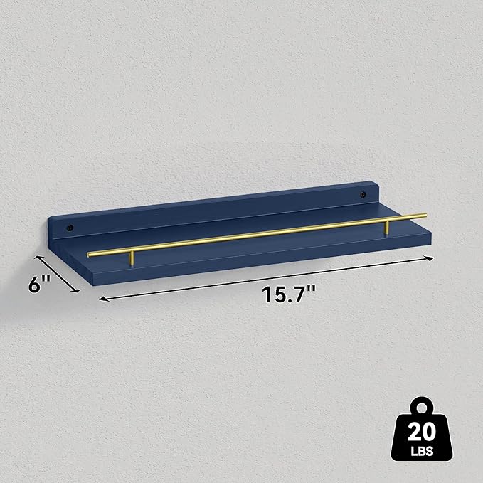 WOPITUES Floating Shelves with Gold Metal Guardrail, Shelves