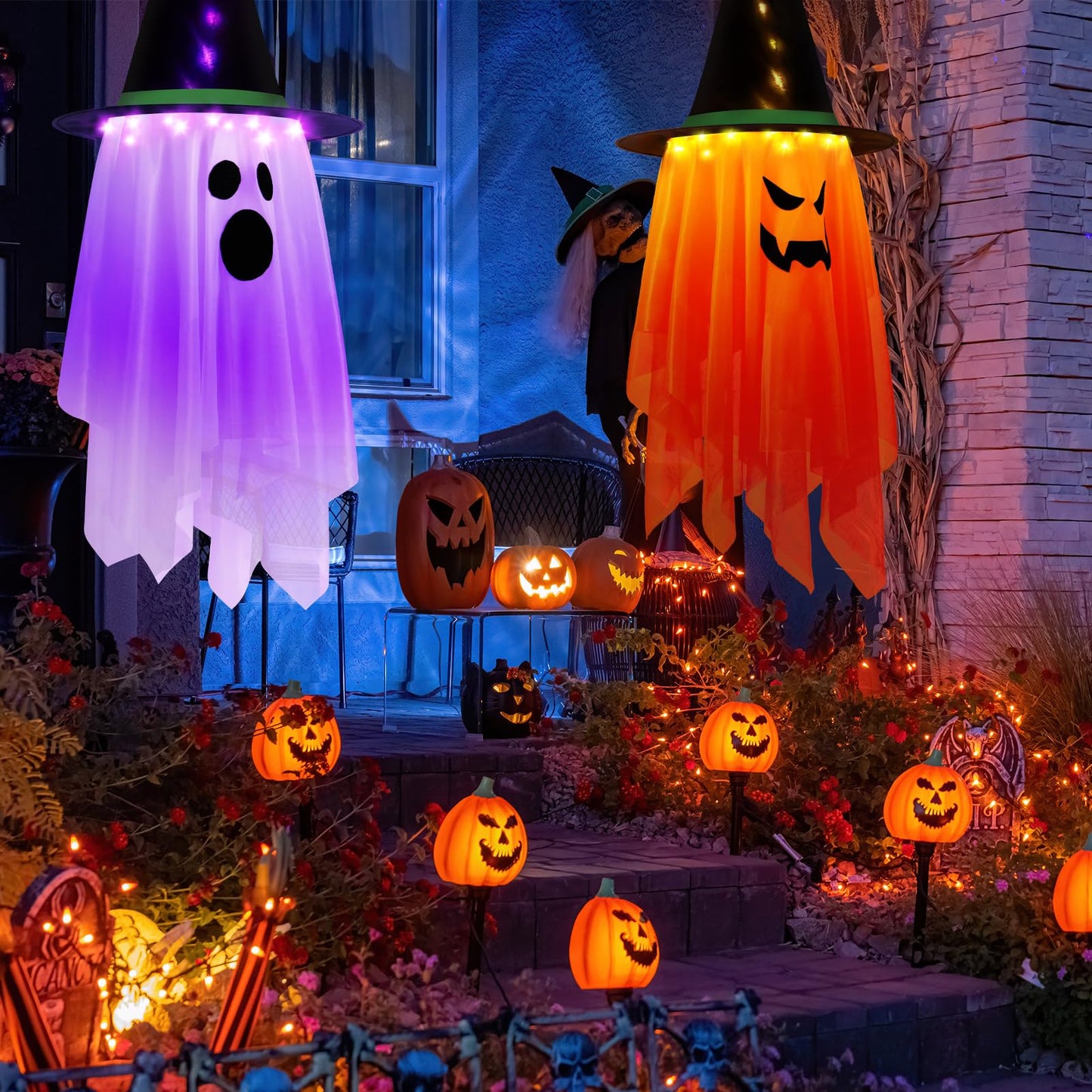 2PCS Halloween Decorations, 41" x 14" Large Size Hanging Lighted Glowing Ghost Witch Hat Lights Ornaments with Remote Control