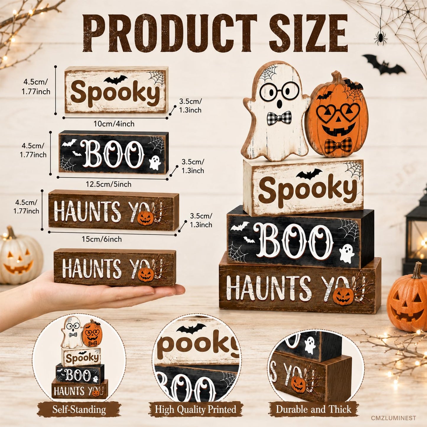 4 Pcs Halloween Decorations, Wooden Ghost and Pumpkin Block Signs Featuring Glasses Design, Farmhouse Cute Halloween Tiered Tray Decor, Spooky Boo Haunts You Table Centerpiece for Home Office Mantel Kitchen Shelf