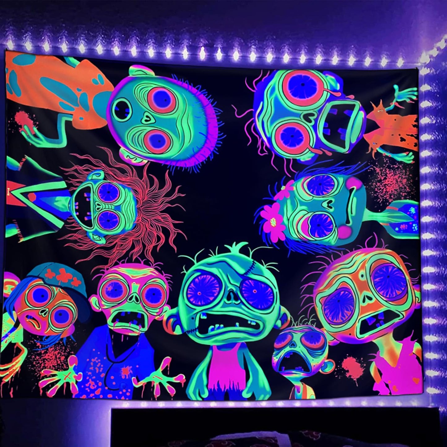 Horror Tapestry Blacklight Tapestry for Bedroom Zombie Crowd Around Tapestries UV Reactive Poster Glow in the Dark Walker Undead Ghoul Tapestries Wall Hanging Halloween Decor Scary Room Decor 90"x71"