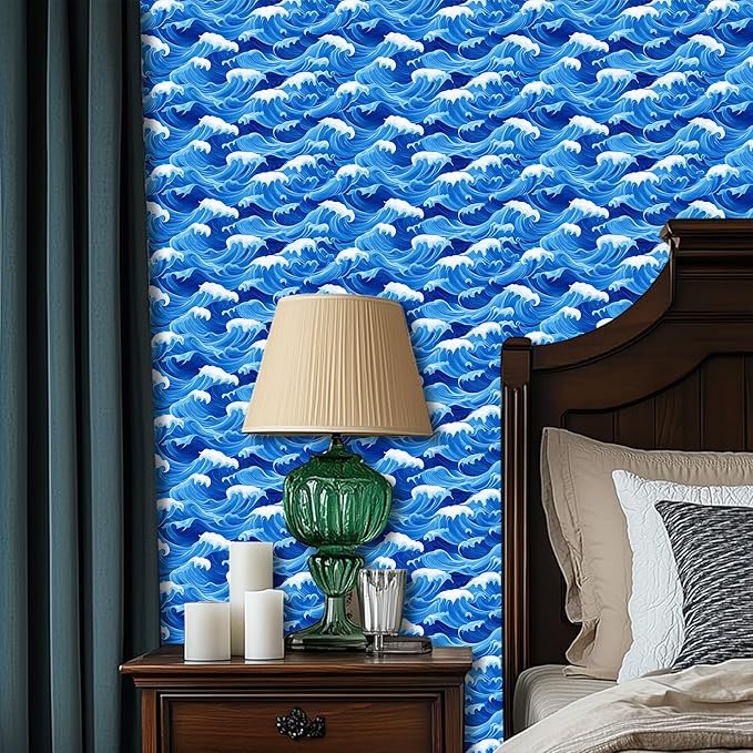 HOMETITUTE Ocean Blue Wave Pattern Wallpaper Peel and Stick Self Adhesive Vinyl