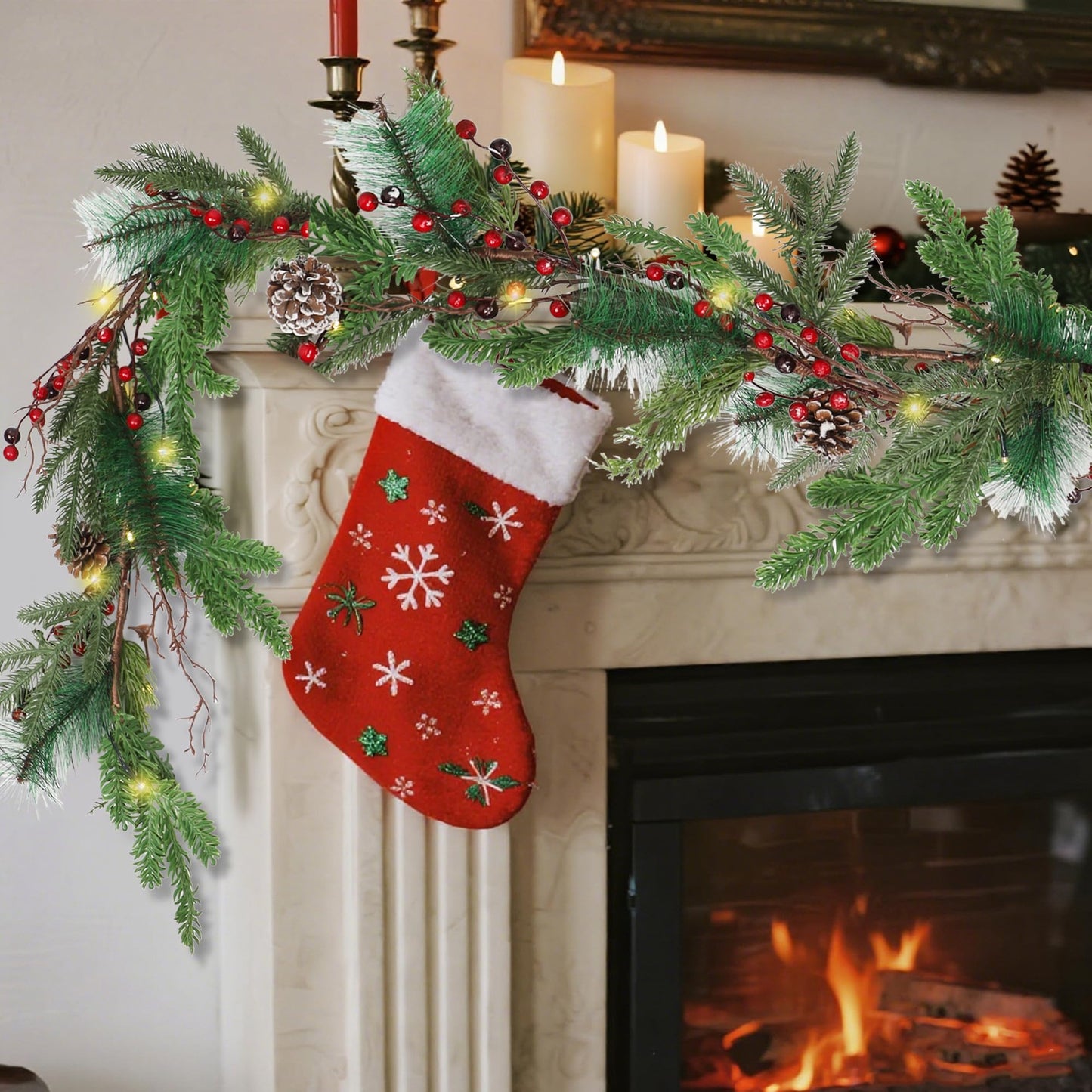 winemana 6 FT Pre-lit Artificial Christmas Garland with 20 LED Lights, Battery Powered with Pine Cones, Red Berries, Pine Needles, Lighted Christmas Garlands for Fireplace Mantle Holiday Decorations