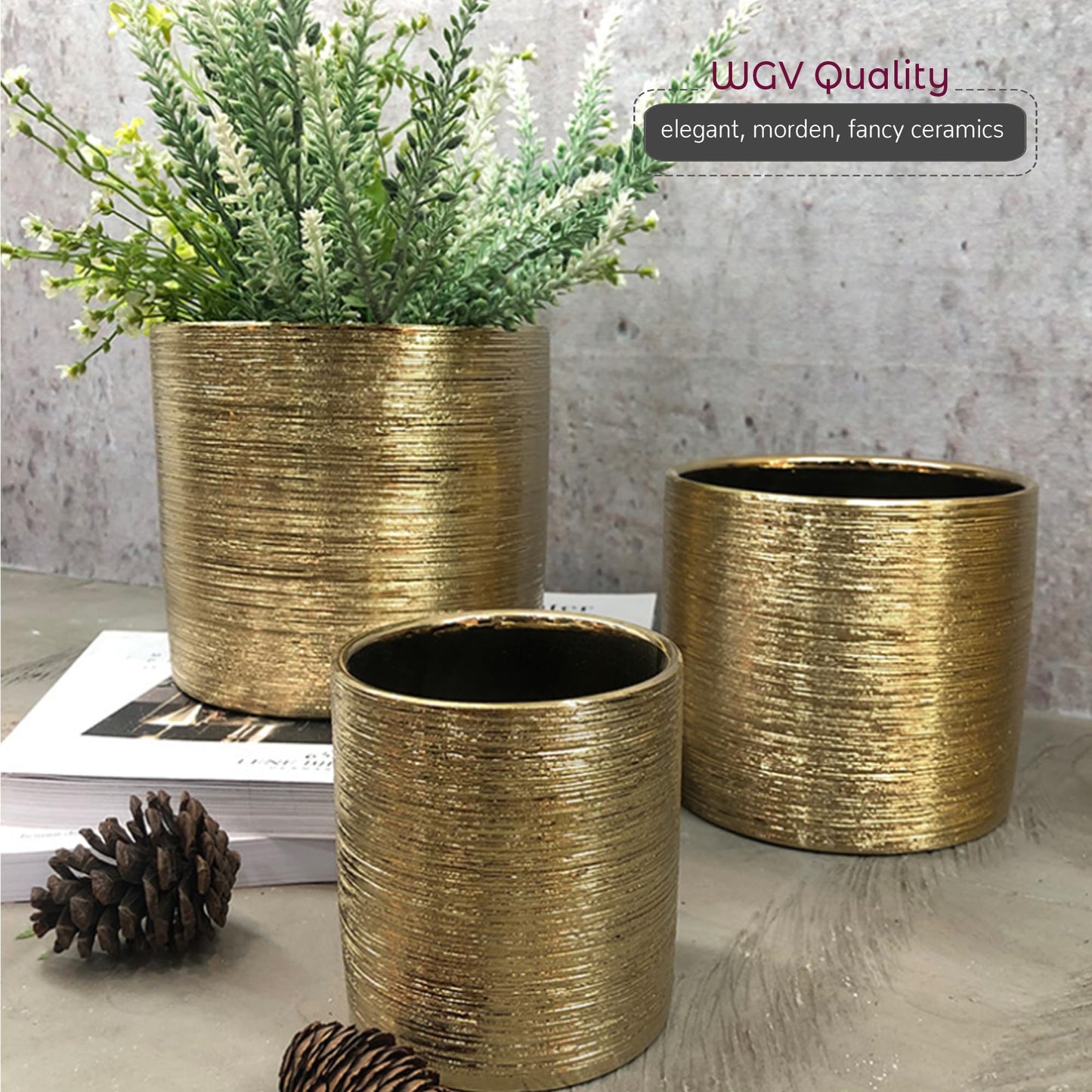 WGVI Gold Etched Ceramic Cylinder Vase Width 6.5" Height 6", Flower Arrangements, Candle Holder, Terrarium Planter Pot, Storage Container Organizer, Pen Brush Holder, Scratched Texture Design, 6 Pc