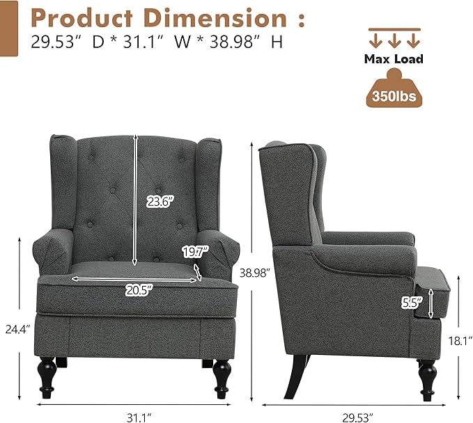 Accent Chair Set of 2, Mid Century Modern Fabric Wingback Chair, Upholstered