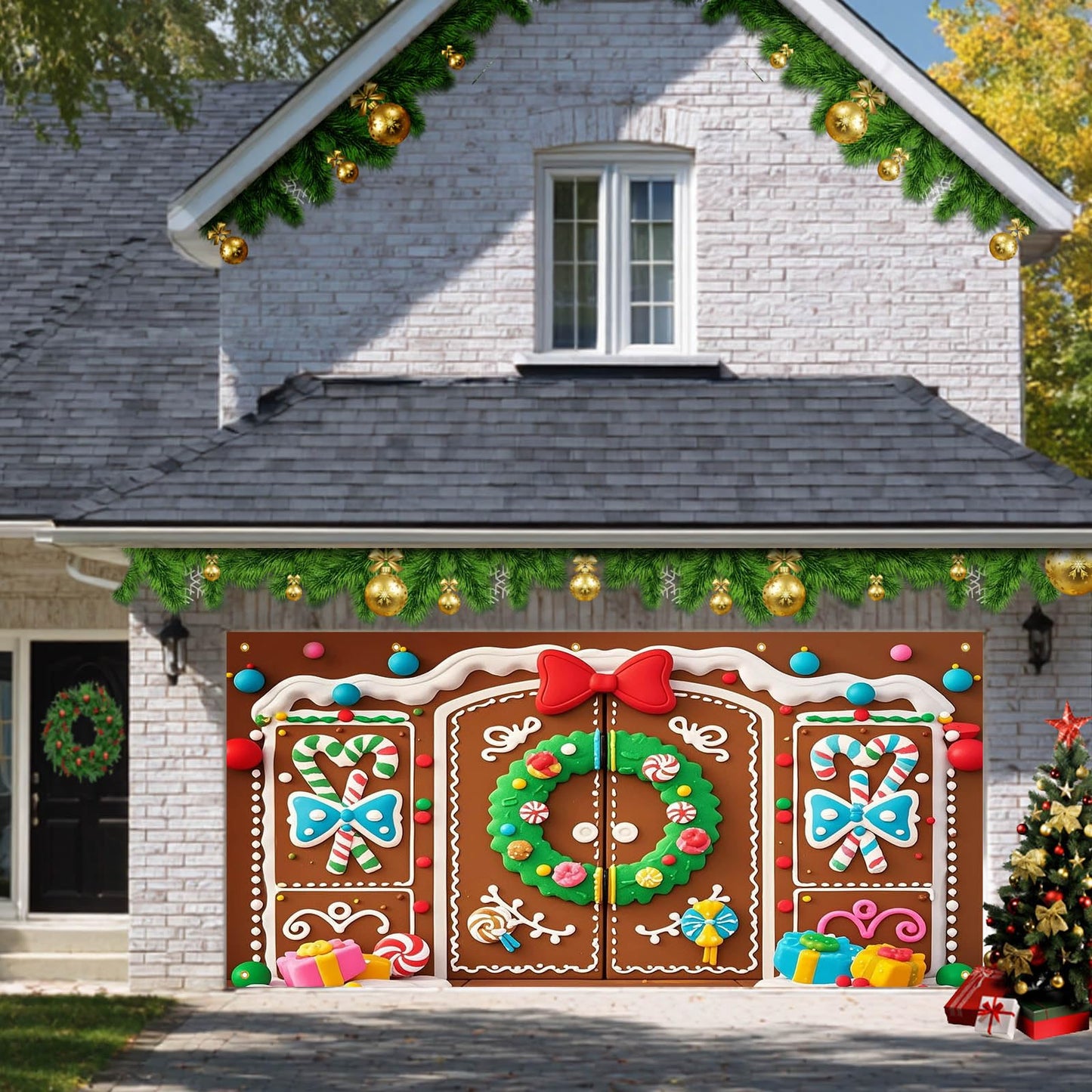 HOMETITUTE Christmas Garage Door Banner 13x6ft Gingerbread House Double Door Cover Candy Cane Backdrop Holiday Party Scene Winter Indoor Outdoor Sweet Wall Hanging Festive Gift Box Season