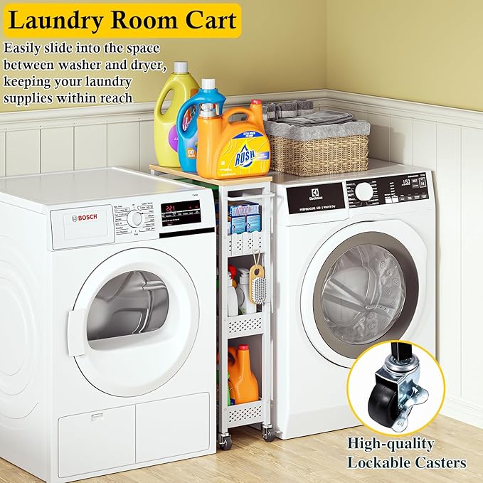 OKZEST Utility Slim Storage Cart, 4 Tier Small Rolling Kitchen Laundry Room Cart