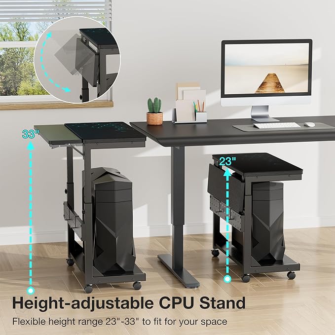 Height Adjustable Computer Tower Stand, 2-Tier PC Stand CPU Holder Under Desk Gaming Case Cart with Rolling Wheels & Mouse Pad, Folding End Table