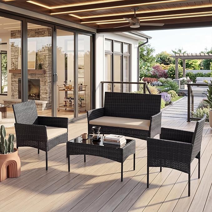 Sweetcrispy 4-Piece Patio Furniture Set, Weather-Resistant PE Rattan Outdoor