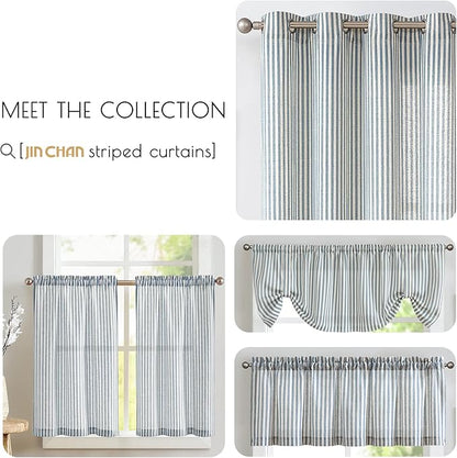 jinchan Tie Top Linen Kitchen Curtains 36 Inches Striped Tier Curtains Farmhouse Modern Cafe Style Small Window Treatments Airy Light Filtering Rod Pocket for Living Room Bathroom 2 Panels Blue