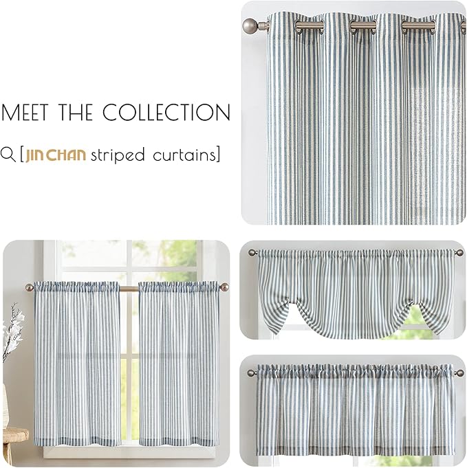 jinchan Tab Top Linen Kitchen Curtains 24 Inches Striped Tier Curtains Farmhouse Modern Cafe Style Small Window Treatments Airy Light Filtering Rod Pocket for Living Room Bathroom 2 Panels Blue