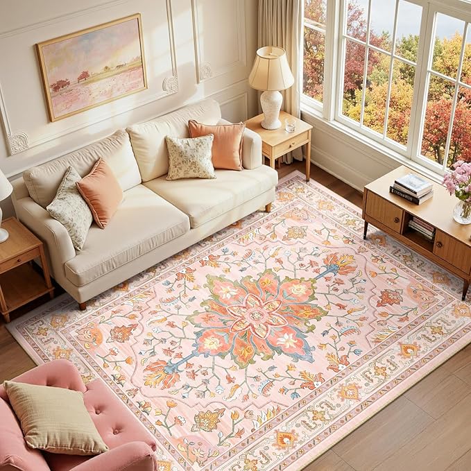 RELEANY Area Rugs 6'x9' Washable Non-Slip, Floral Vintage Distress Print