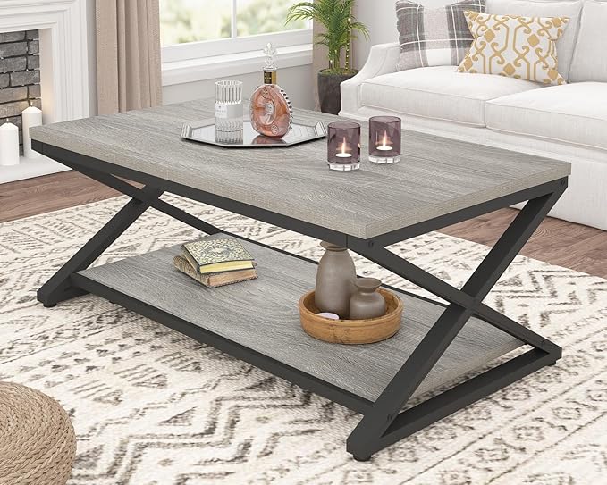 HSH Rustic Grey Coffee Table, Modern Minimalist Living Room Table