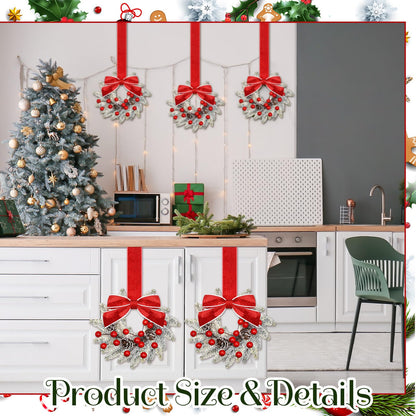 Dingion 6 Pcs 6 Inch Christmas Mini Cabinet Wreaths for Kitchen with Ribbon Bows Red Berry Small Winter Window Wreath Garland for Door Window Farmhouse Christmas Party Decorations