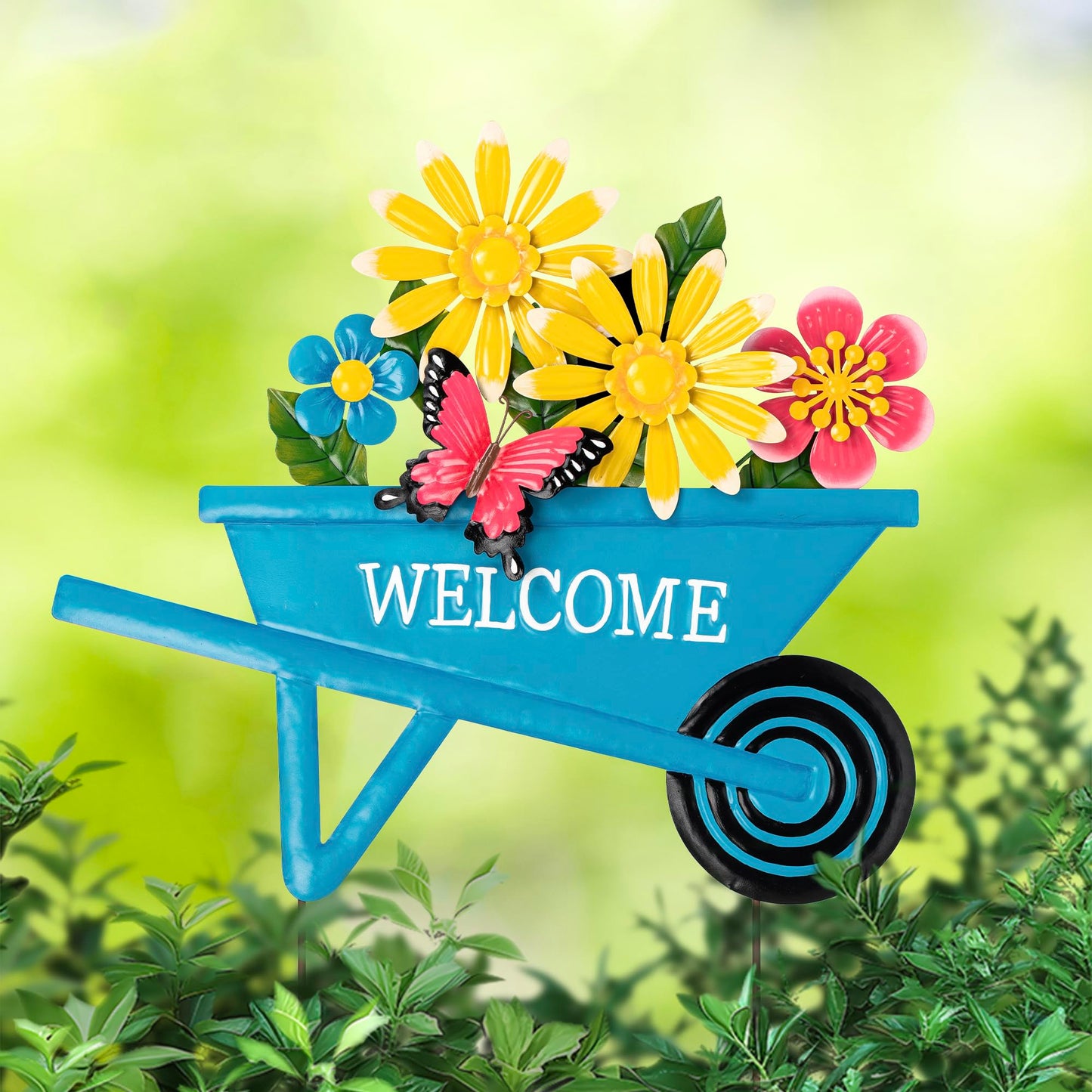 Glitzhome Cart Decorative Garden Stakes, Spring Metal Yard Decor with Lifelike Flower or Wall Decor, Flower Barrow Stake Garden Signs for Outside, 30” H