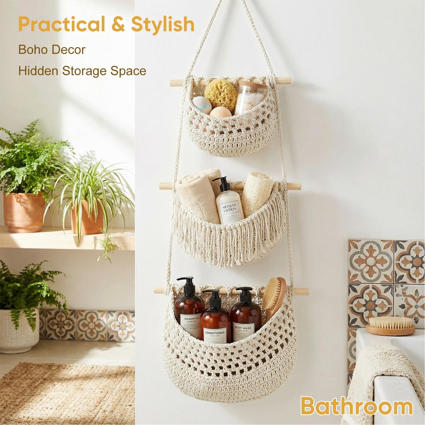 GLDFI Boho Style Handwoven Rope Hanging Basket - 3-Tier Detachable Storage Organizer for Kitchen/Bathroom/Entryway, 3 Included Heavy-Duty Hooks, 7 Color Options Available (Brown)