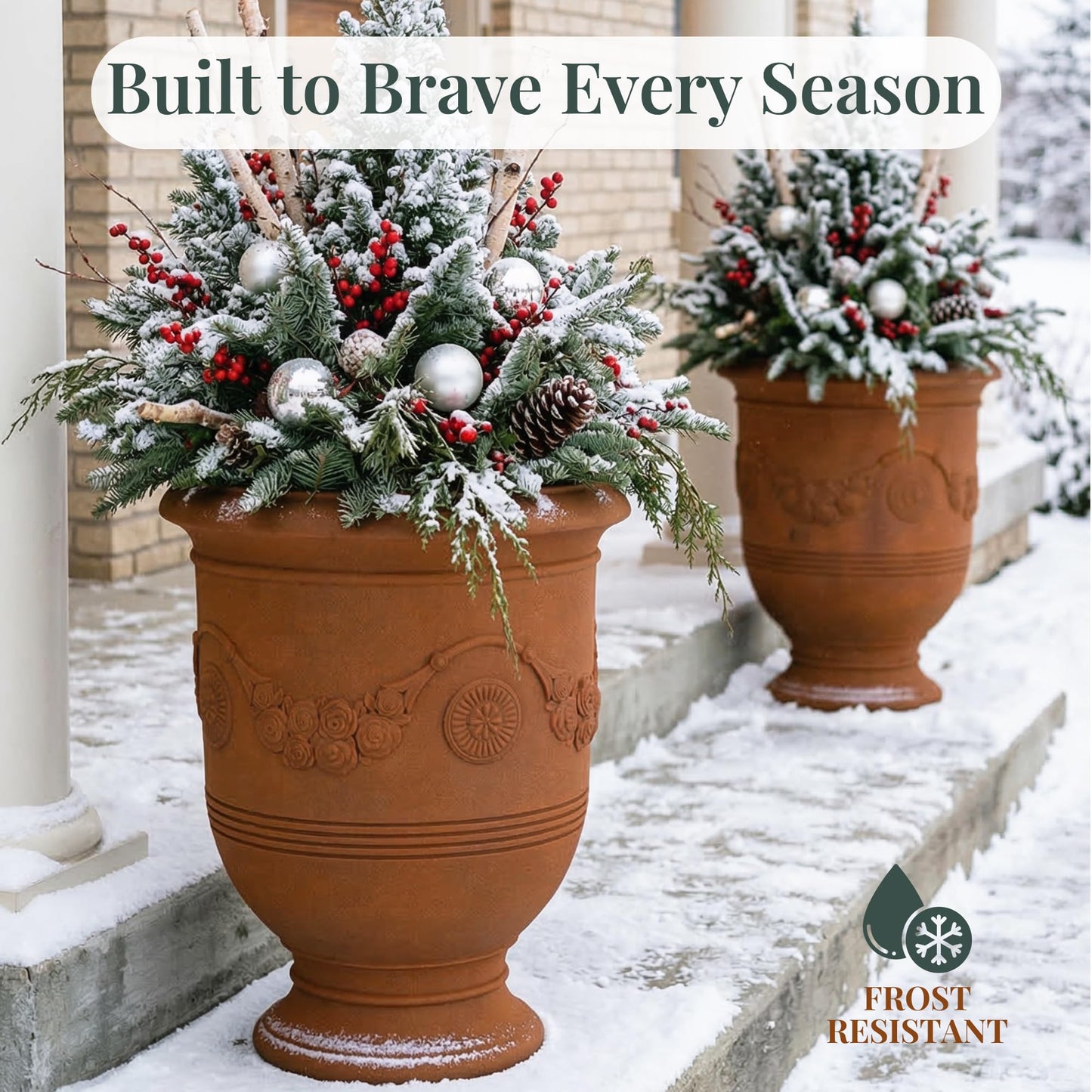 KOL Large Plastic Urn Planter - 16” Dia x 19” H Lightweight Classic Planter Pot with Cement Texture & Drainage Hole, Weather Resistant for Outdoor Plants, Patio, Garden Decor (Rusty)