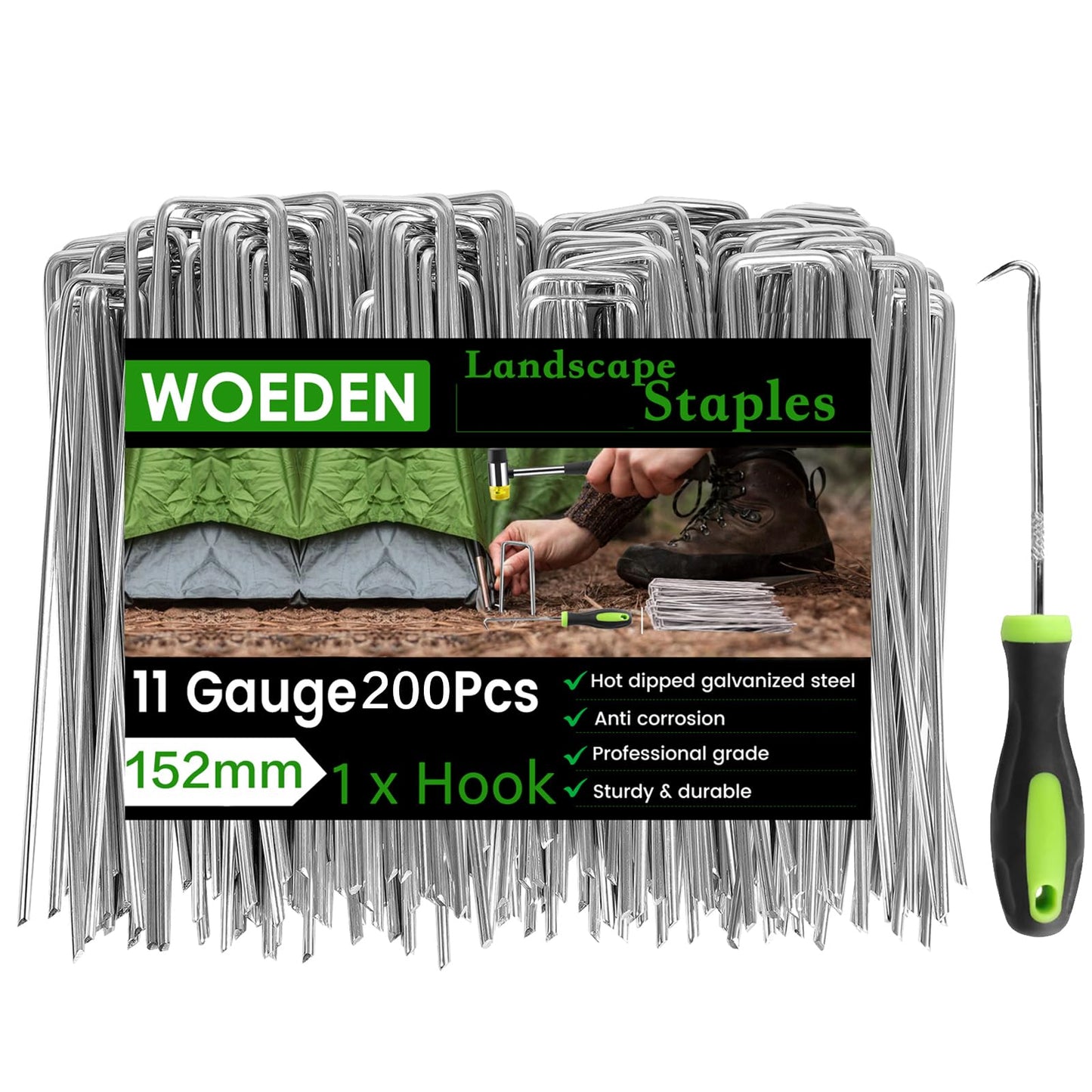 200 Pack 6 Inch Landscape Staples + 1 Hook 11 Gauge Heavy Duty Galvanized Garden Stakes, U-Shaped Ground Pins for Weed Barrier Fabric, Drip Irrigation Tubing, Sod, Lawn & Christmas Outdoor Decorations