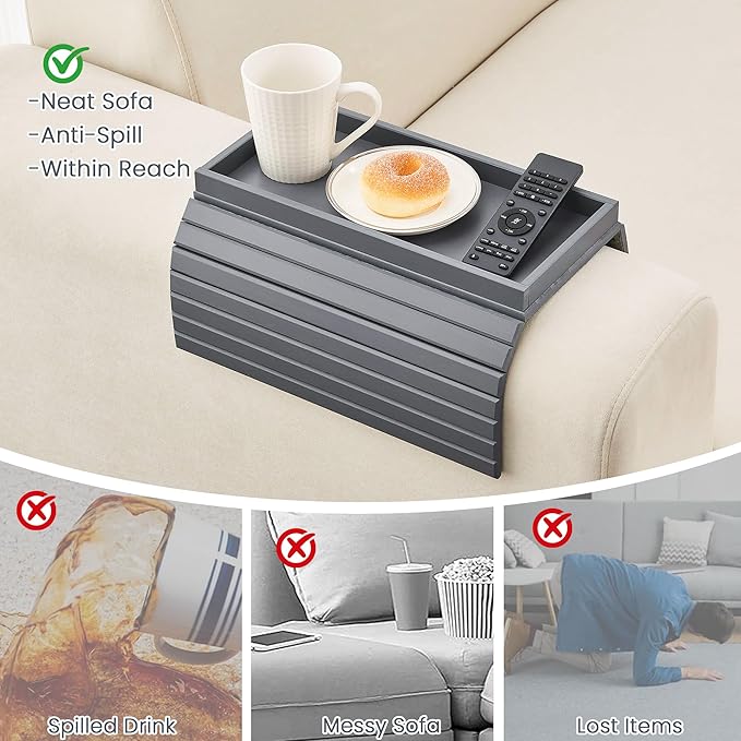 GEHE Bamboo Sofa Arm Tray, Foldable Couch Arm Tray Side Table, Anti-Falling