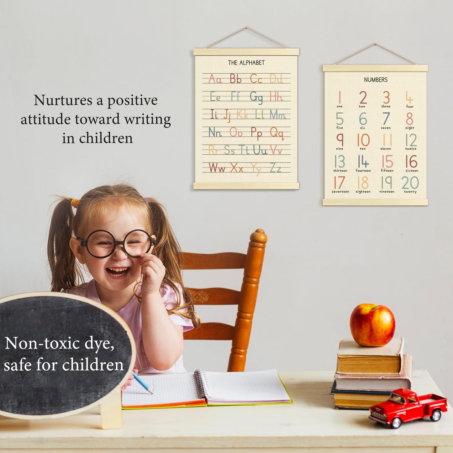 Numbers Alphabet Poster for Toddlers,Educational Wall Chart for Nursery Kids Learning, Homeschool & Playroom Decor and Bedroom for Wooden Hanger Frame Set of 2, 12x18 Inch - A01