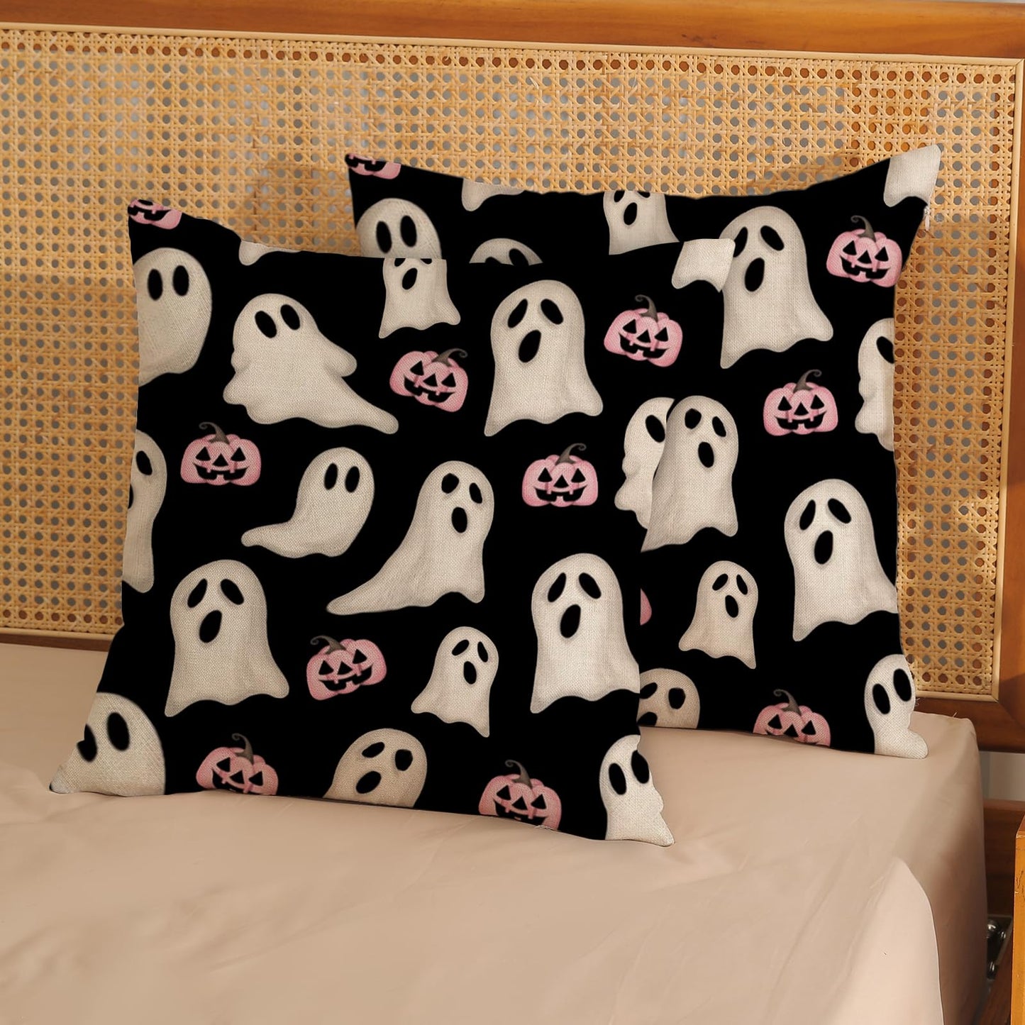 Halloween Pillow Covers 18x18 Inch Set of Black Pink Ghost Pumpkin Throw Pillow Covers Outdoor Decor,Autumn Halloween Decoration Ghost Farmhouse Linen Decorative Cushion Cover for Sofa Couch