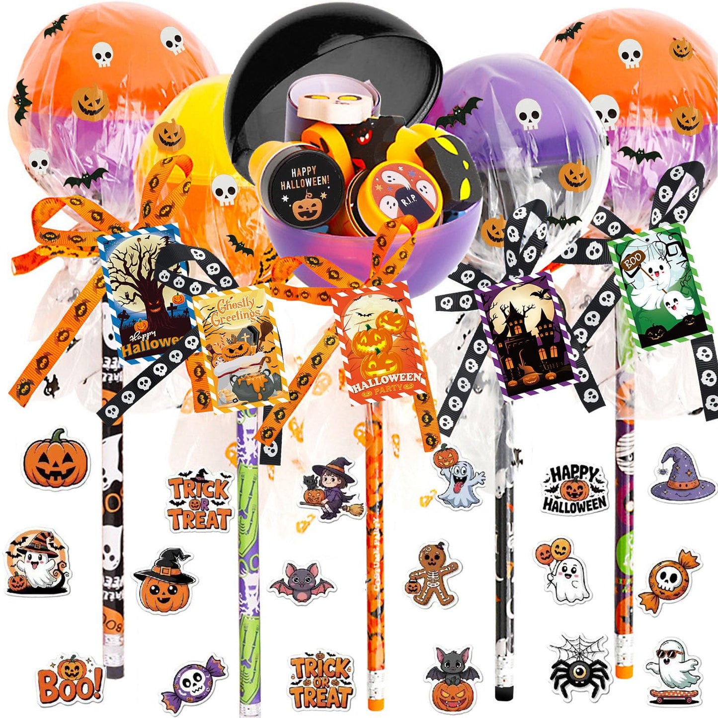 134Pcs Halloween Party Favors Gift Trick or Treat Container, Giant Lollipop with Gift Cards Pencils Stickers Erasers Stampers Bags Ribbons for Classroom School Exchange Party Favors
