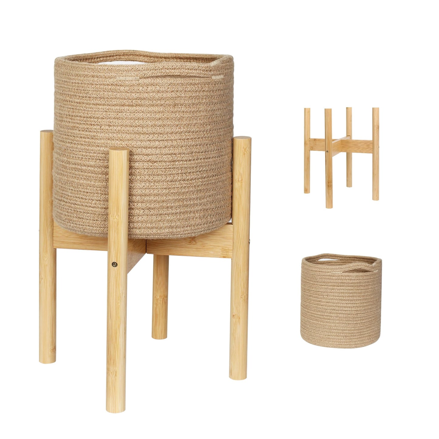 WILLITAT Plant Basket with Stand, Indoor Round Wicker Basket Plant with Bamboo Wood Stand, Decorative Woven Rope Flower Indoor Planter with Legs, Boho Bamboo Wood Planter Holder (Jute)