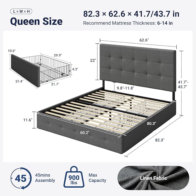 Allewie Upholstered Queen Size Platform Bed Frame