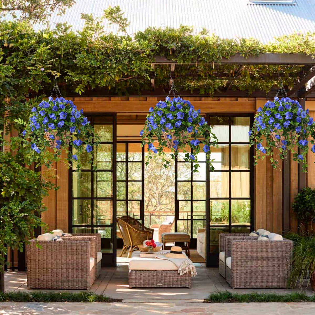 Homsunny Artificial Vine Silk Petunia Flowers, Fake Hanging Plant in Basket, Coconut Lining Pot Porch Decoration for Patio Lawn Garden Spring Summer Decor(Blue)