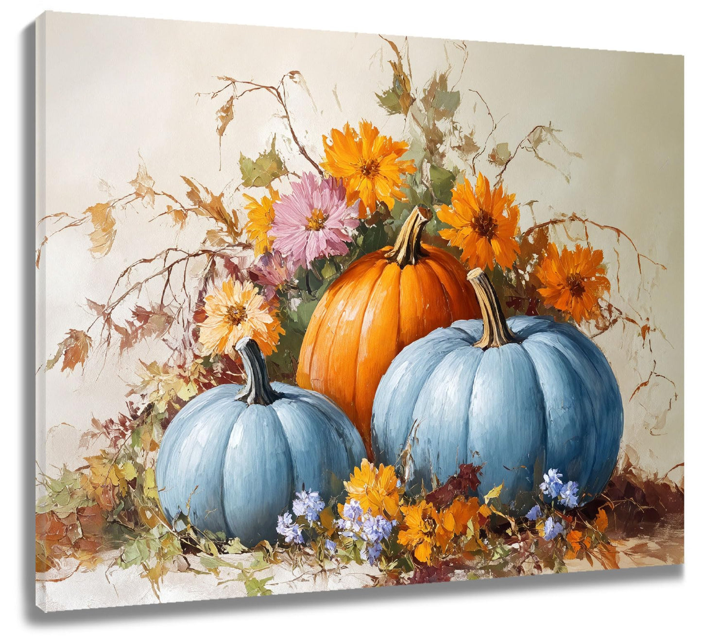 LB Blue and Orange Pumpkin Wall Art for Bathroom Fall Harvest Pumpkin and Plant Orange Floral Canvas Wall Art Thanksgiving Autumn Framed Wall Decor for Living Room Bedroom Ready to Hanging 16x12 Inch
