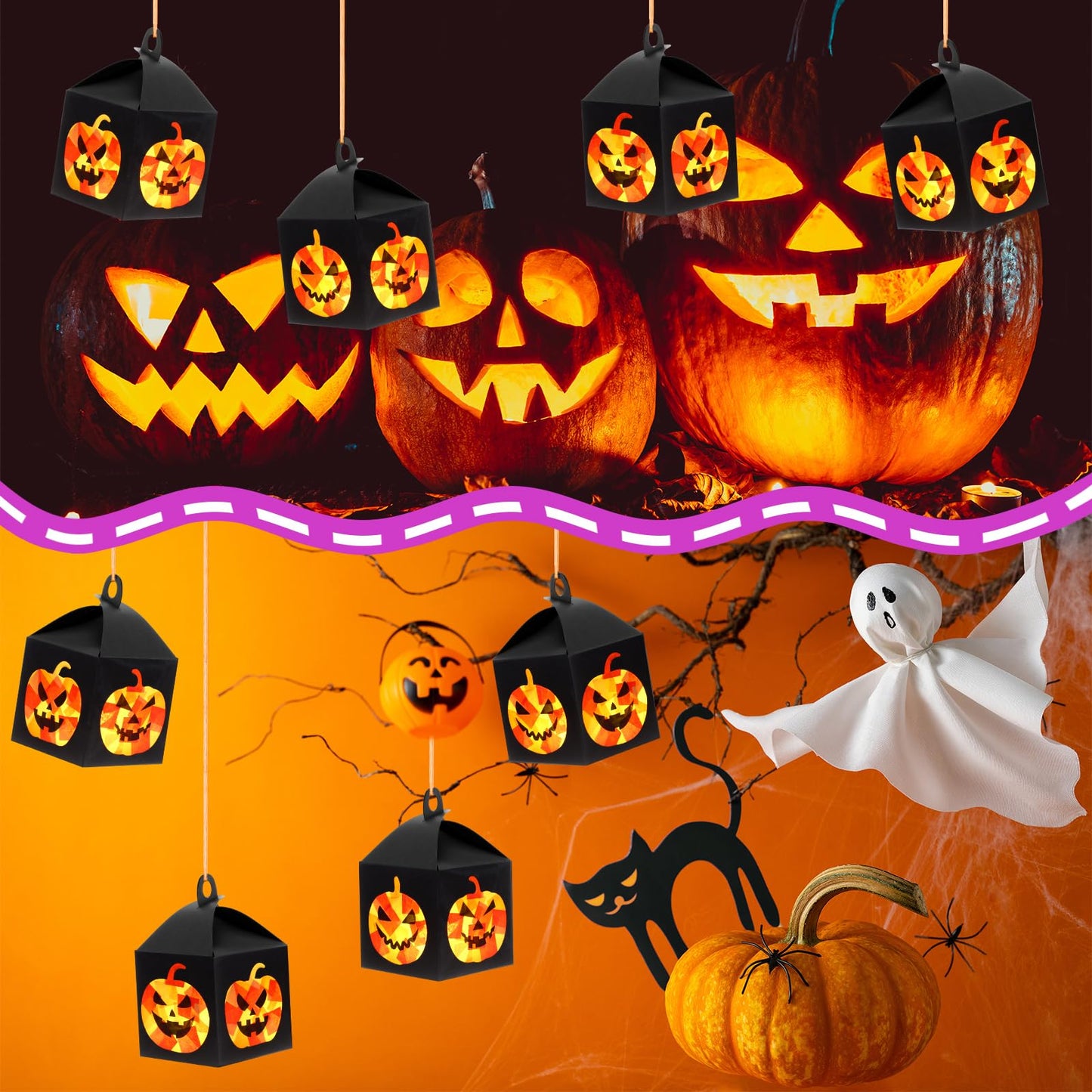 Simgoing 12 Sets Halloween Jack-O-Lantern Crafts with LED Candlelight Jack-o-Lantern Tissue Paper Crafts Kits DIY Pumpkin Suncatchers Lanterns Kits Hanging Spooky Supplies for Halloween Party Decors