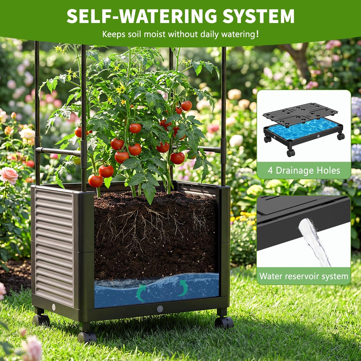 DoCred 60" H Raised Garden Bed Planter Box with Wheels, 2 Pack Tomato Cage Planter Raised Garden Bed with Trellis for Climbing Vegetables Plants Tomato Cage, Indoor Outdoor Use