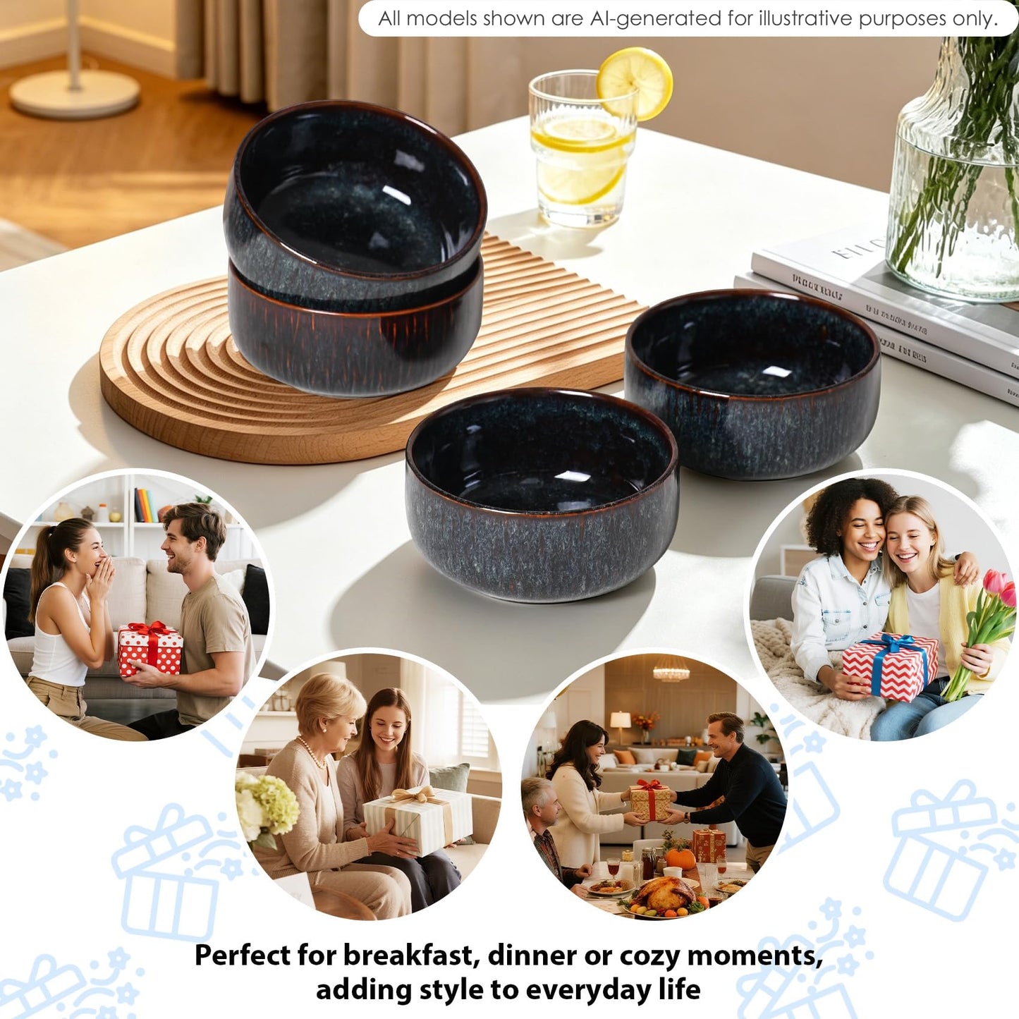 CLAYORA Stoneware Bowls Set of 4, Ceramic Bowl Set, Aesthetic Soup & Cereal Bowls for Salad Bowl, Ice Cream Bowl, Fruit Bowl, Unique Handmade Glaze Finish, Modern Kitchen Dining Decor