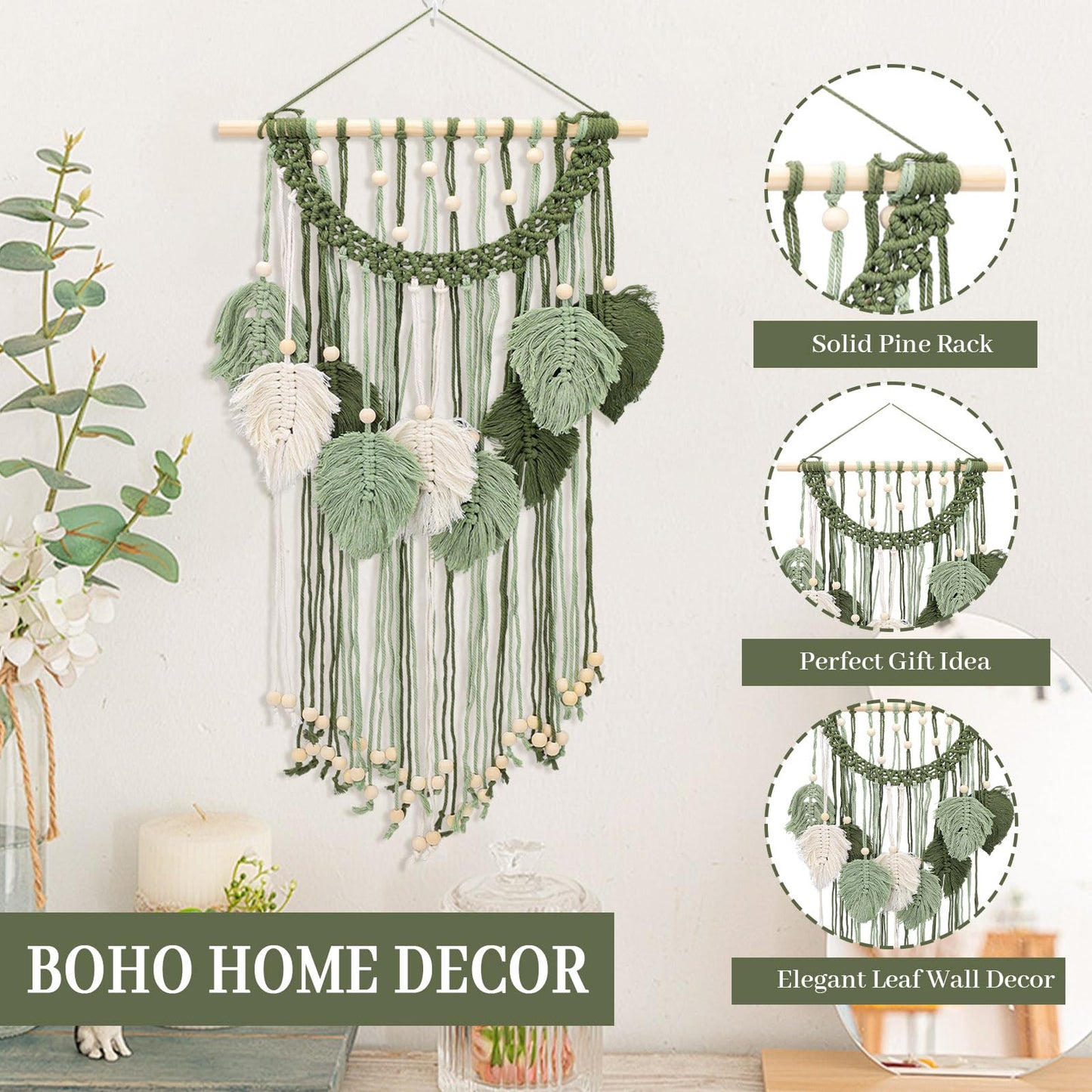 Chihutown Macrame Wall Hanging, Cotton Macrame Wall Decor, Boho Tapestry for Farmhouse, Coffee Shop and Office, Handmade Sage Green Leaf Hanging Tapestry, Living room Decor and Accessories (Green)